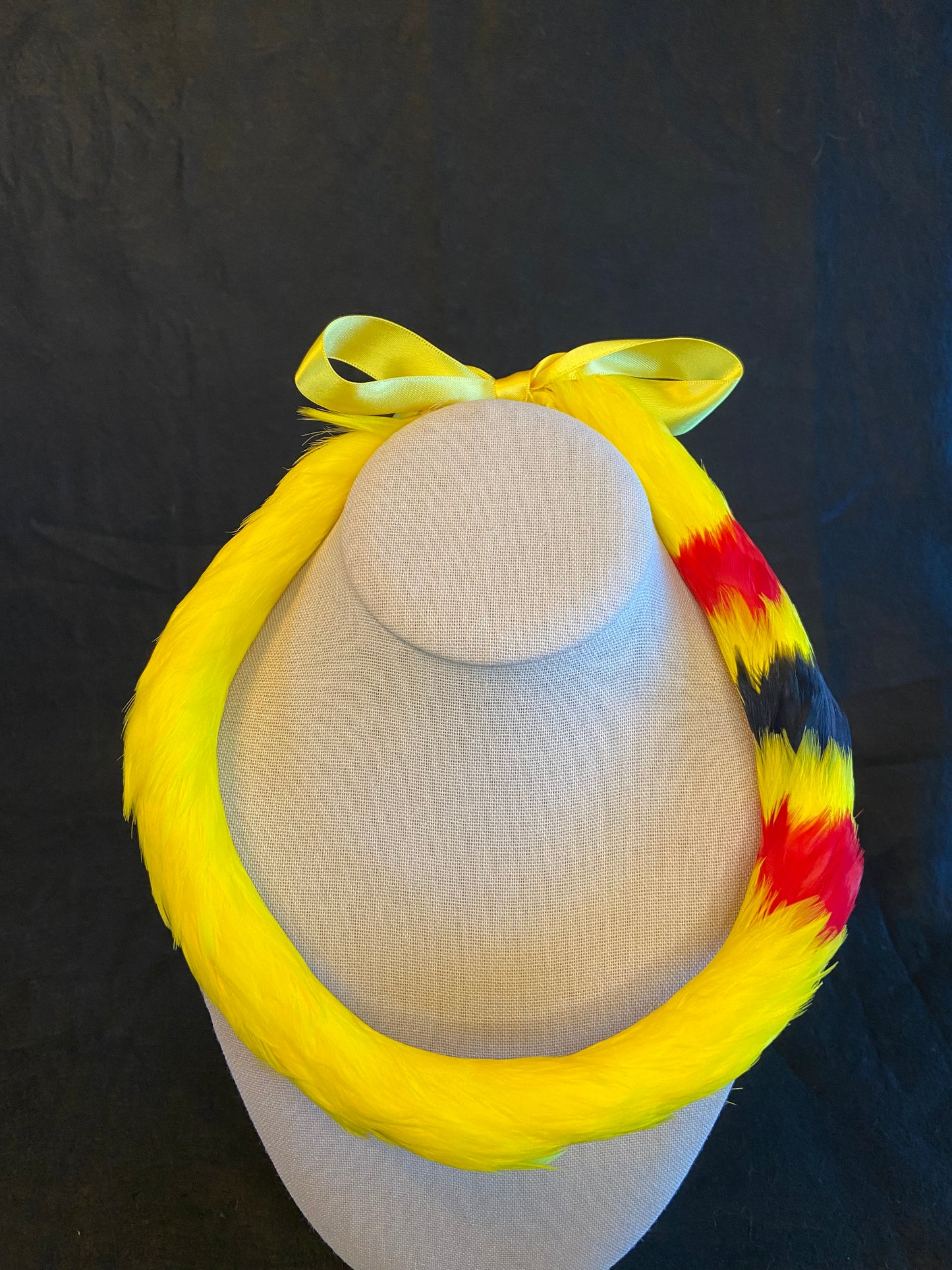 Lei hulu kamoe (feather lei) 2nd cut - traditional yellow/red/black
