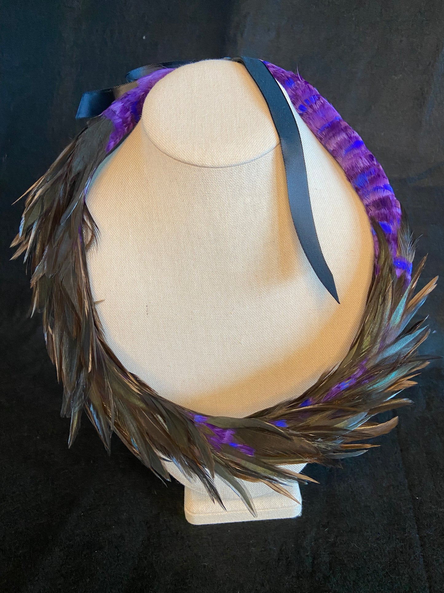 Asymmetric purple/blue lei kamoe with black rooster accents