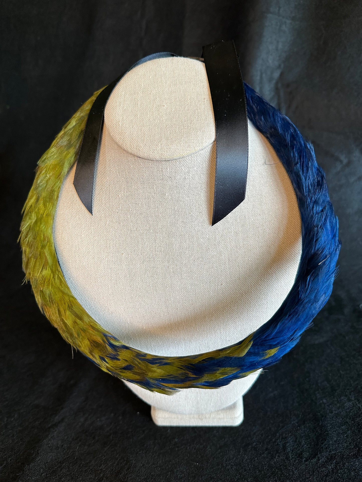 Navy Blue and Green Lei Kamoe (feather lei lying flat) 2nd cut
