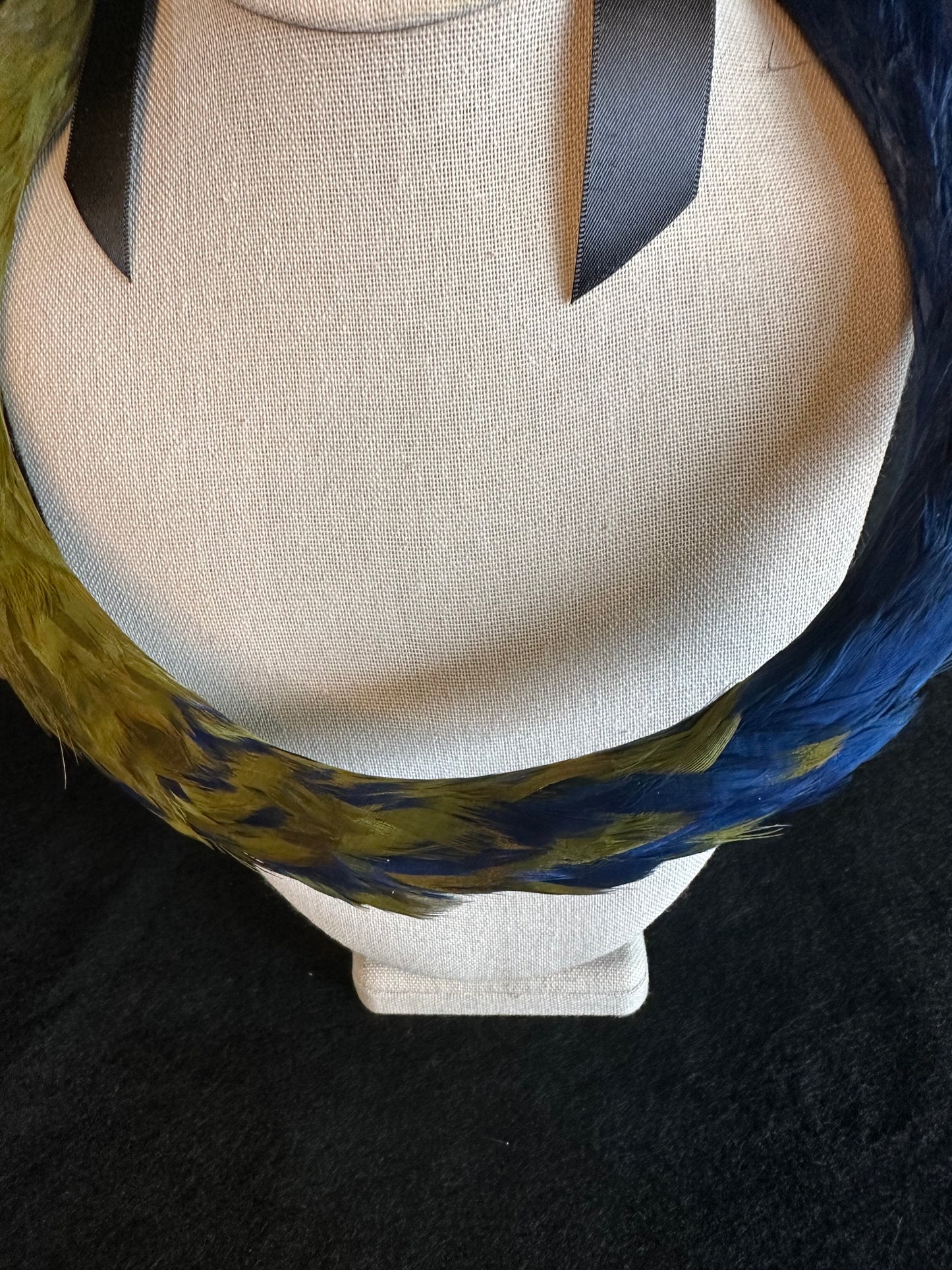 Navy Blue and Green Lei Kamoe (feather lei lying flat) 2nd cut