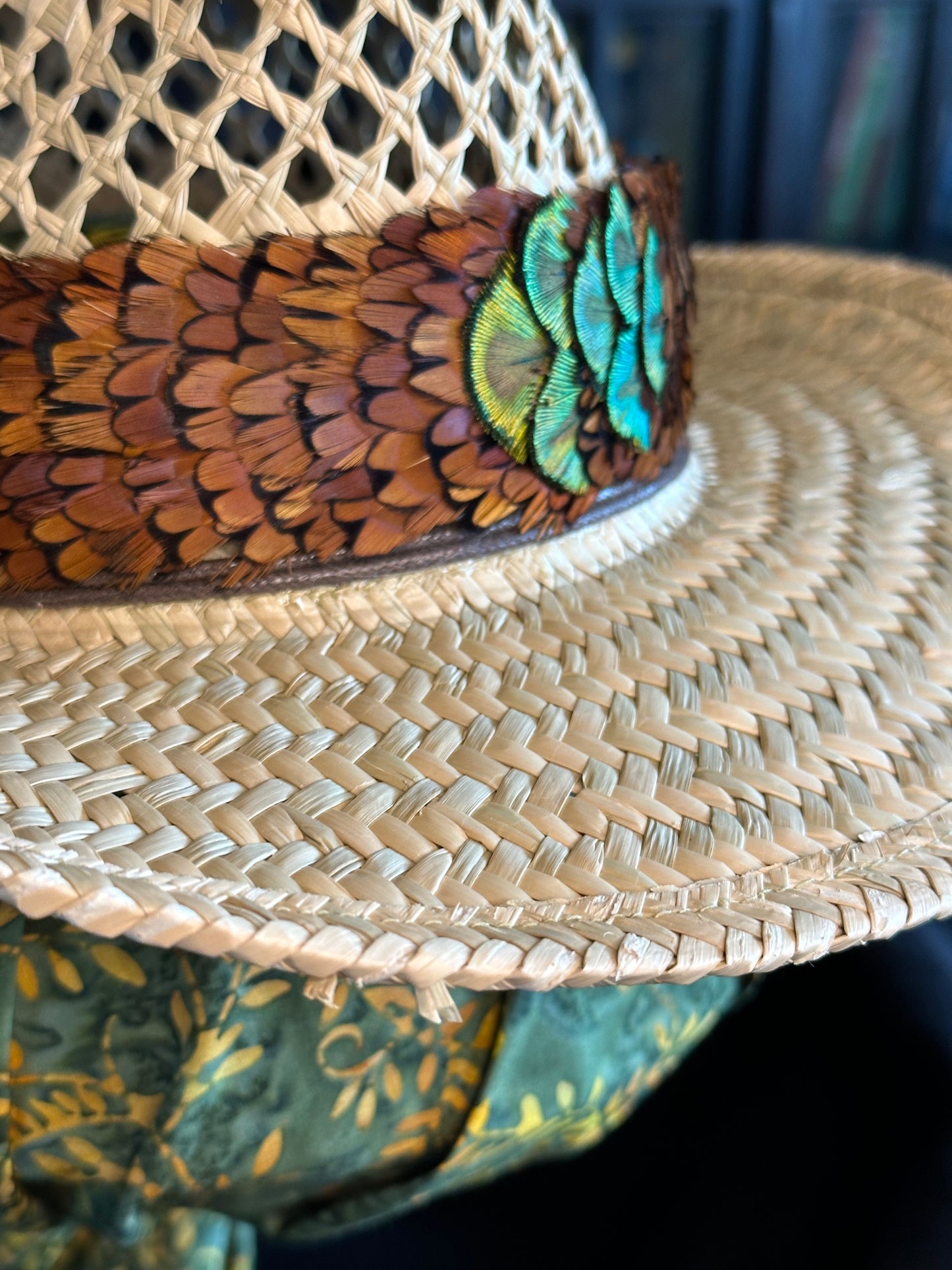 Brown Ringneck pheasant heart feathers with gold peacock accented humu papale (feather hat band)
