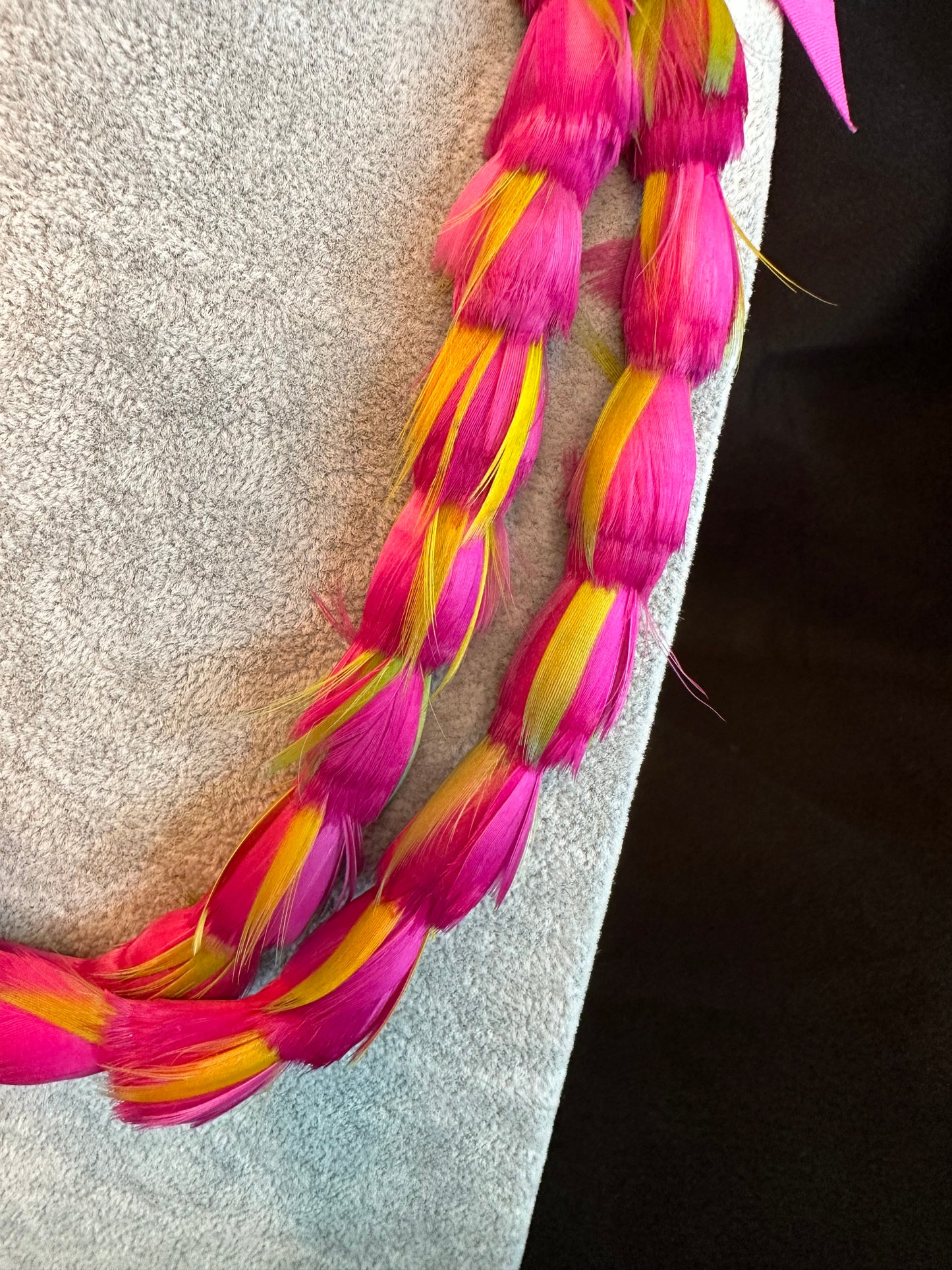 Double strand fuscia Lokelani lei hulu (feather lei)