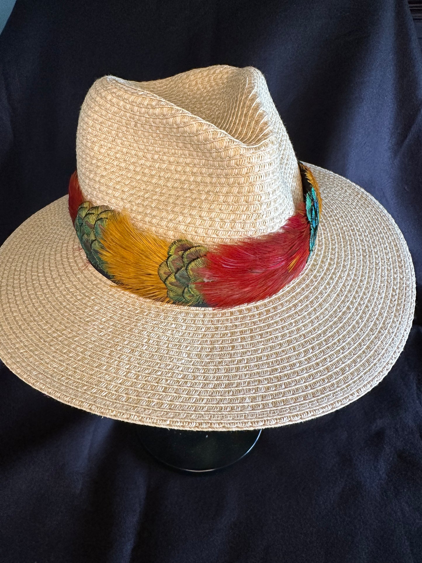 Golden Pheasant w/ gold peacock accents humu papale (feather hat band)