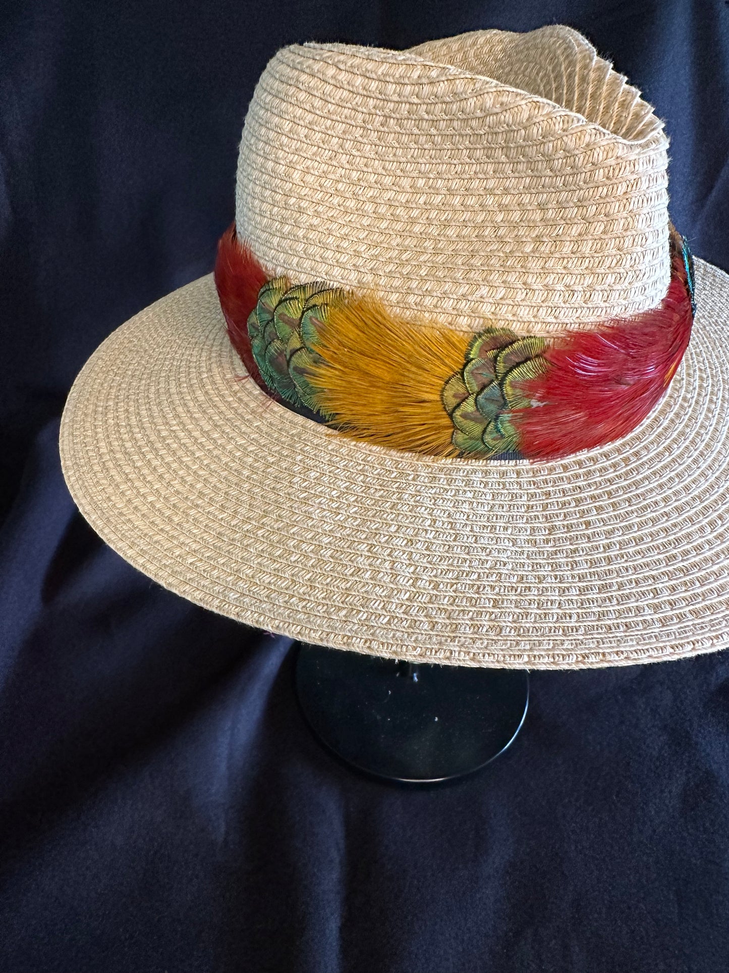 Golden Pheasant w/ gold peacock accents humu papale (feather hat band)