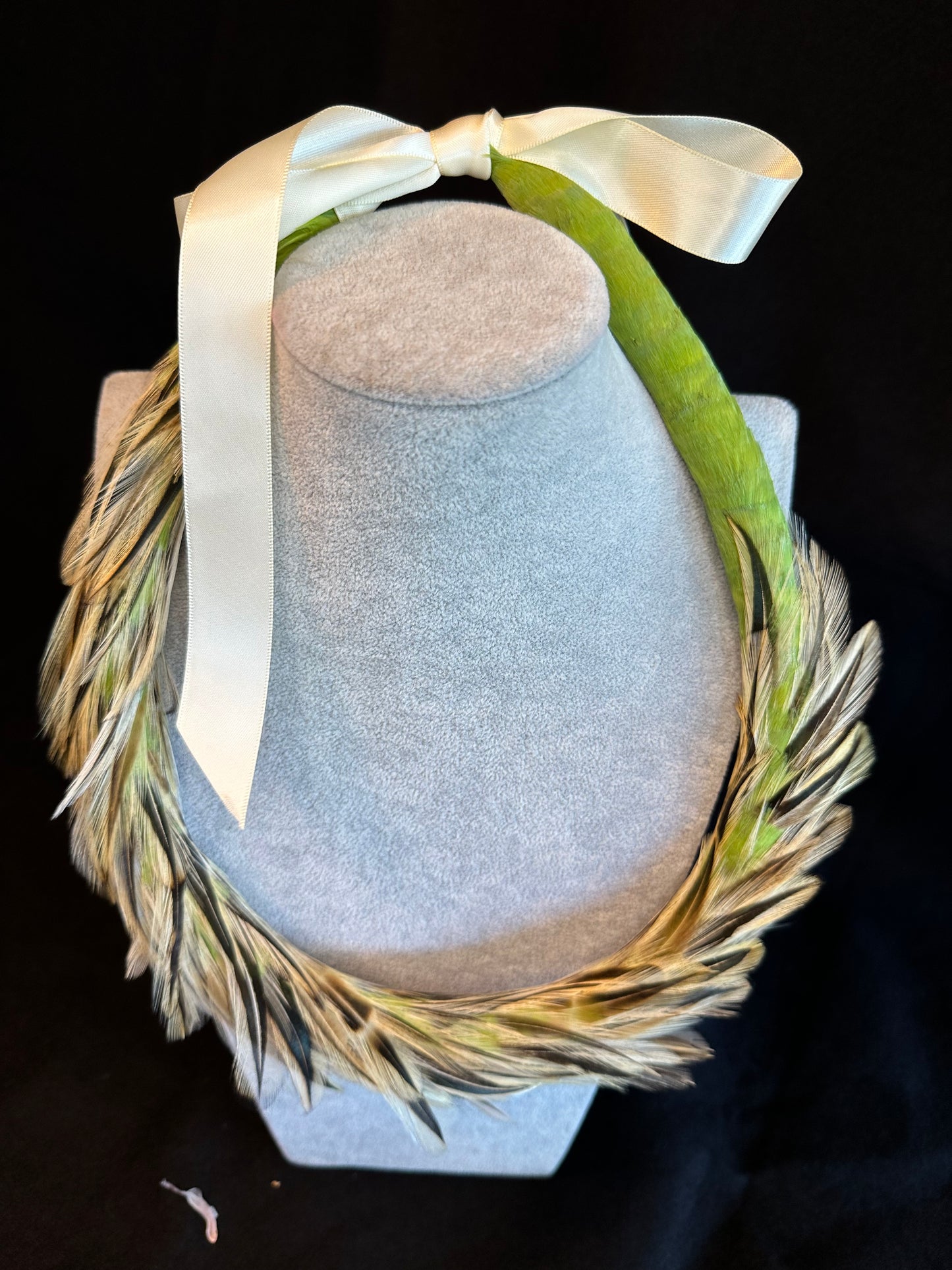 Asymmetric Light Olive Lei Hulu (feather lei) with "badger" rooster accents