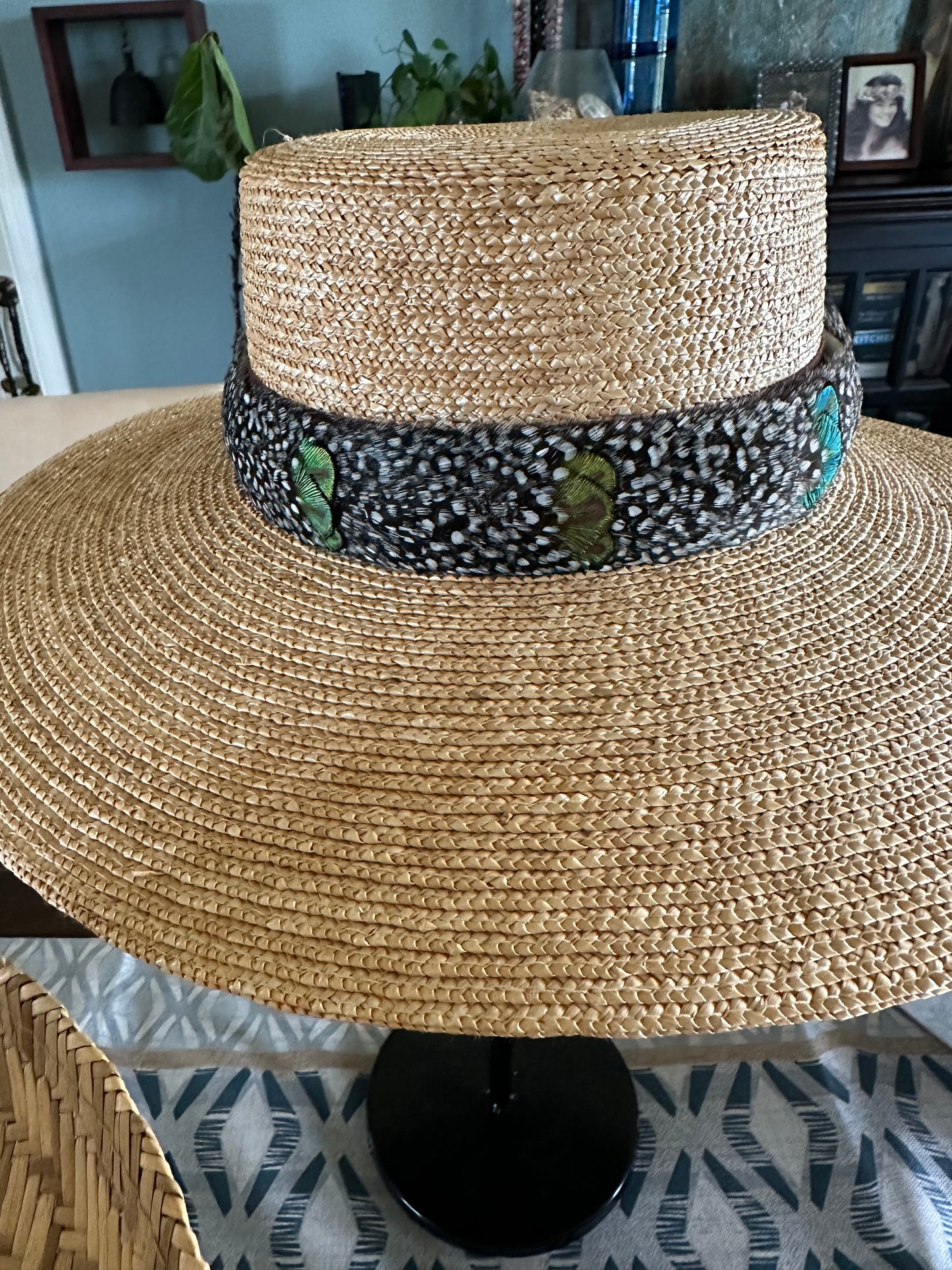 23" Guinea Hen with Peacock gold penny accent Humu Papale (feather hat band)