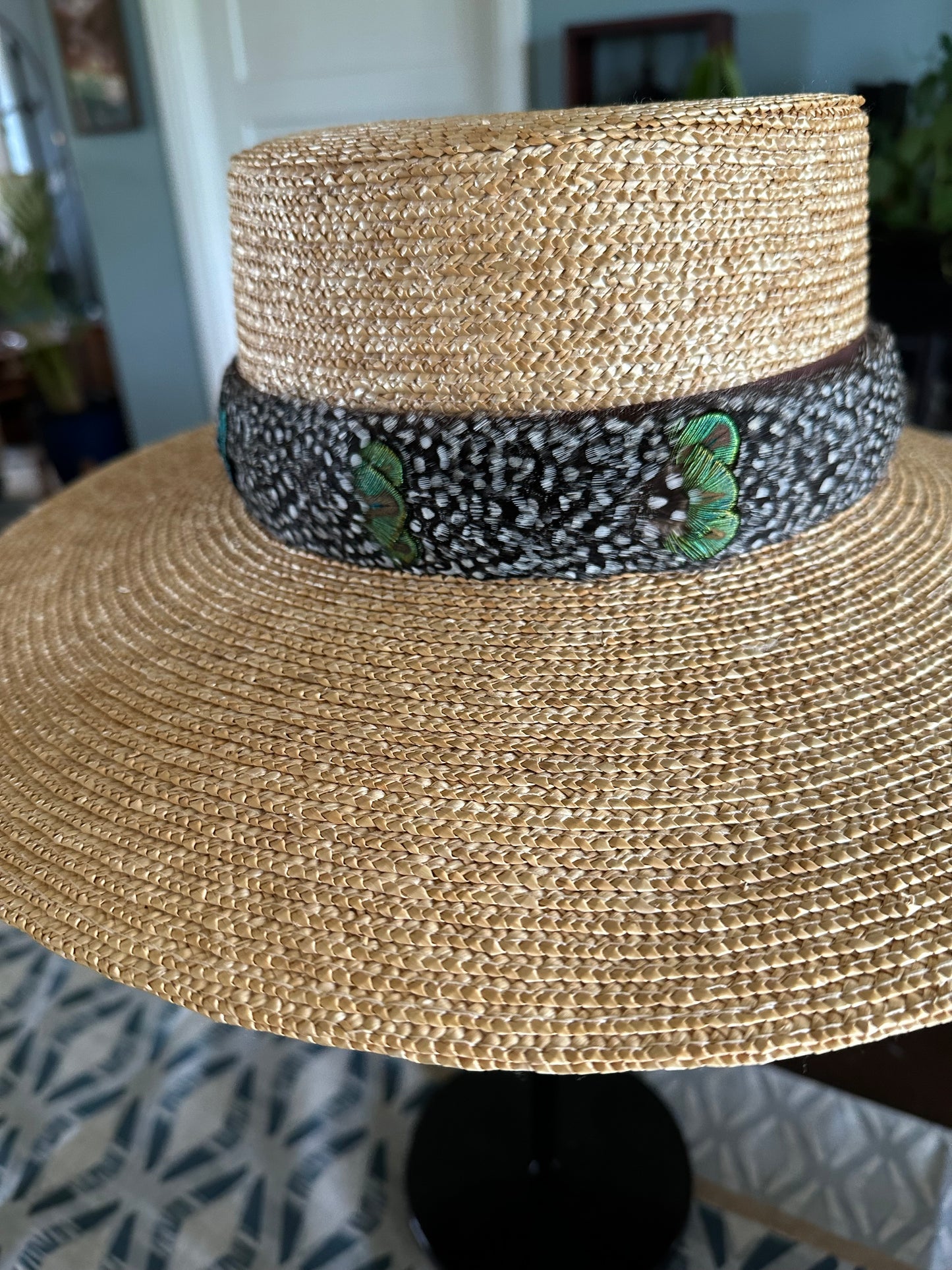 23" Guinea Hen with Peacock gold penny accent Humu Papale (feather hat band)