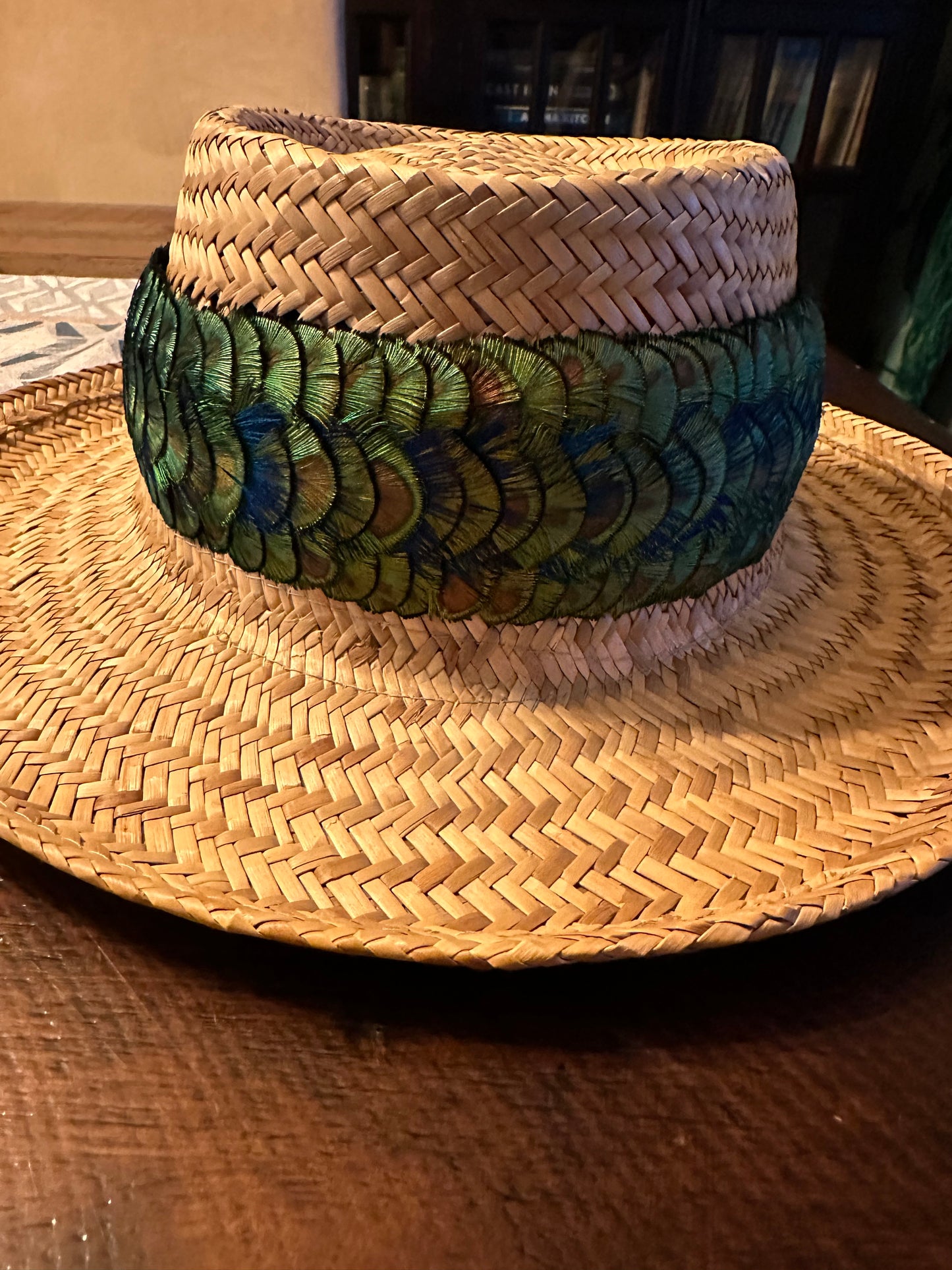 24" Peacock gold Penny w/blue peacock accent Humu Papale (feather hat band)