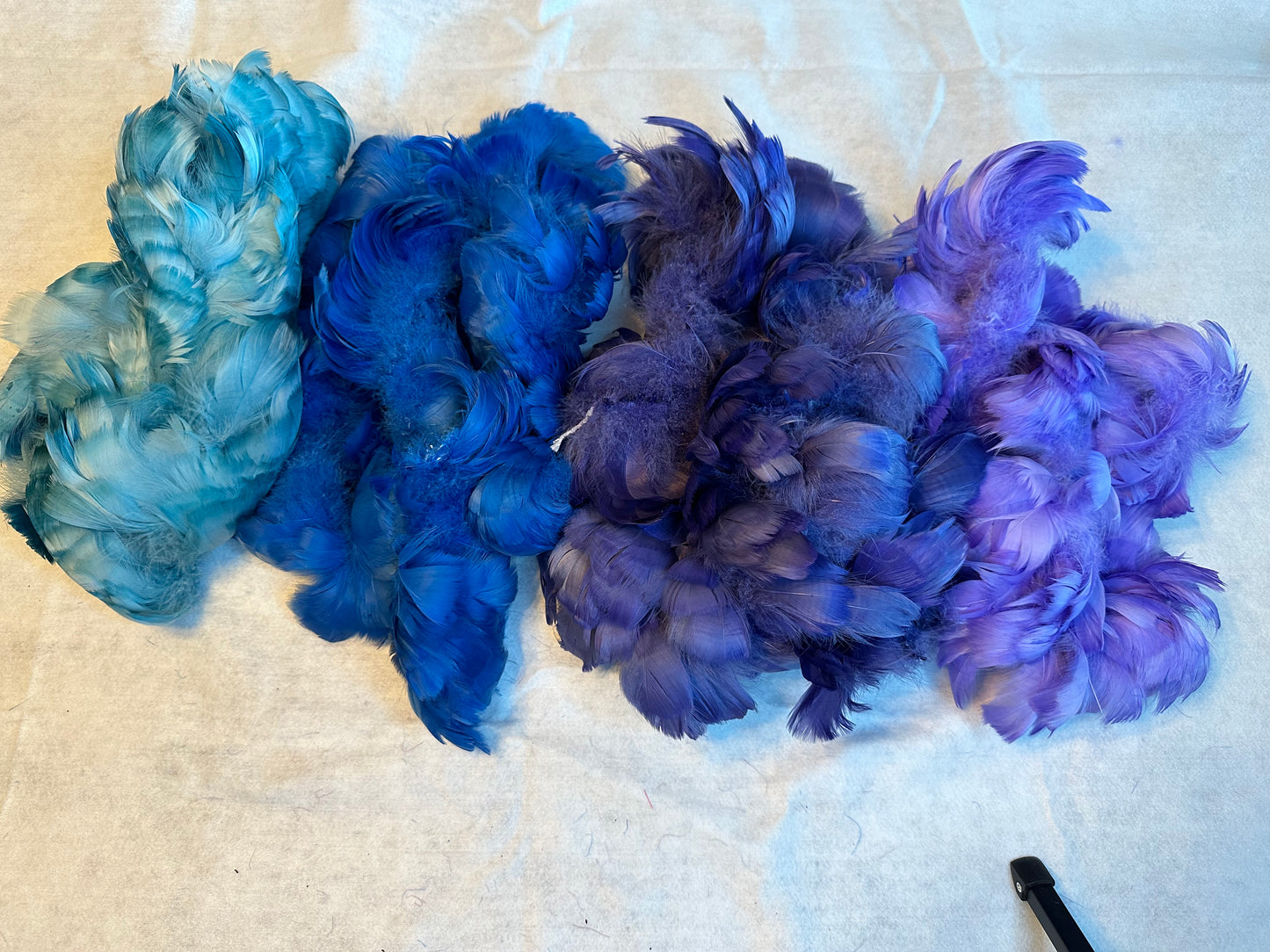 Custom-dyed Blues & Purple Goose Coquille feathers