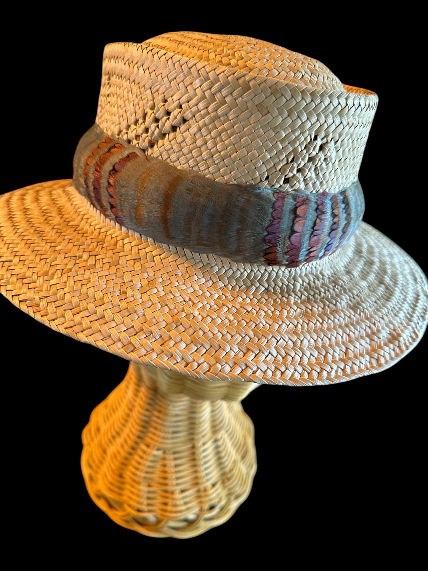 24" Custom-dyed steel blue and brown with heart accent humu papale (feather hatband)