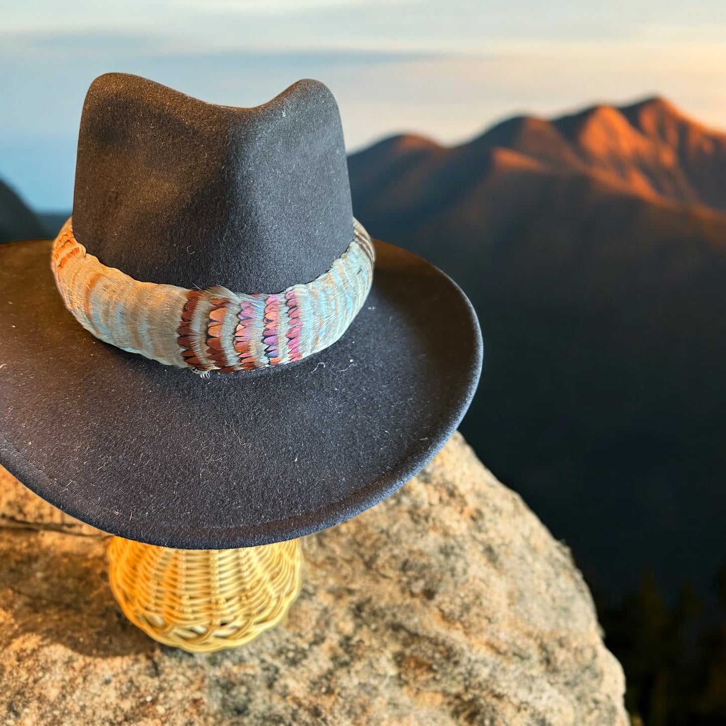 24" Custom-dyed steel blue and brown with heart accent humu papale (feather hatband)