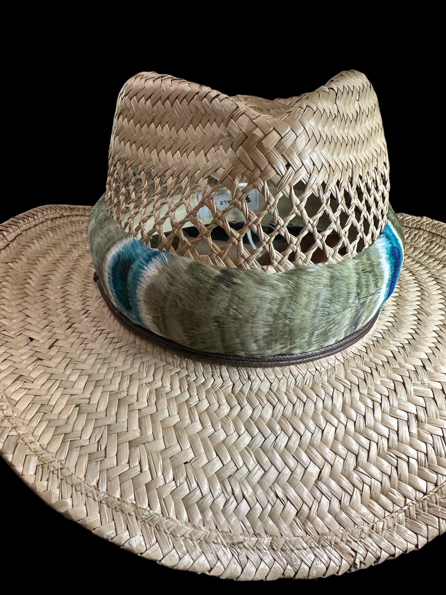 26" custom dyed goose coquille Lichen with teal/peacock accents (humu papale) feather hat band