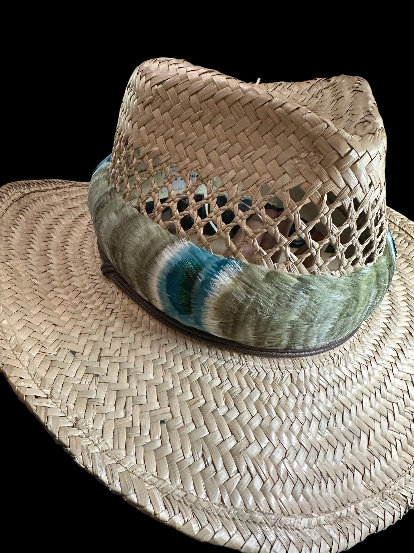 26" custom dyed goose coquille Lichen with teal/peacock accents (humu papale) feather hat band