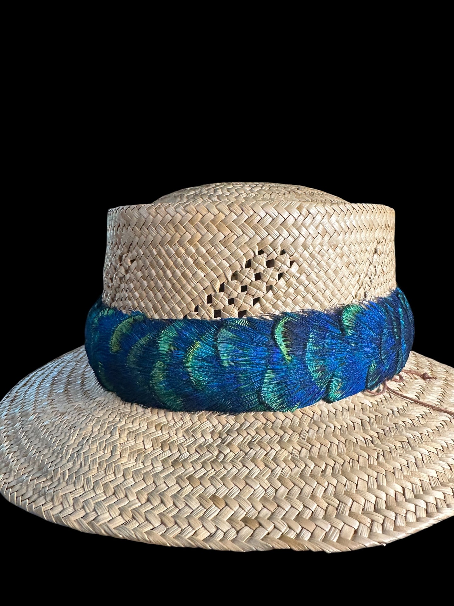 25" Blue peacock with blue/gold penny accents humu papale (feather hatband)
