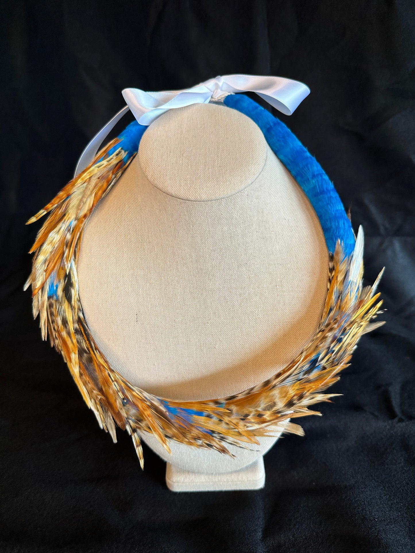 Asymmetric Turquoise Blue w/Red Chinchilla Rooster accent lei hulu Lokelani (rosebud feather lei)