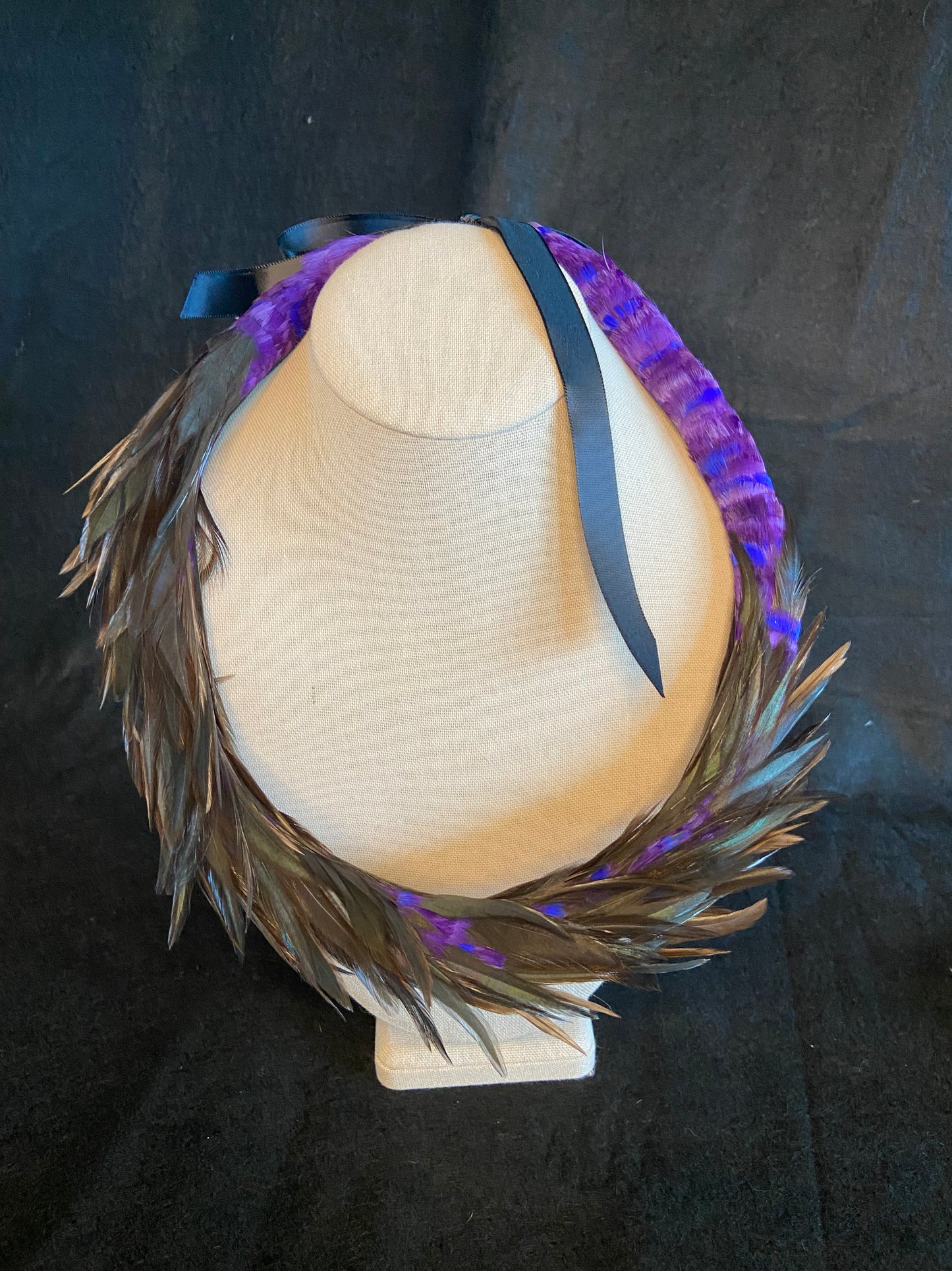 Asymmetric purple/blue lei kamoe with black rooster accents