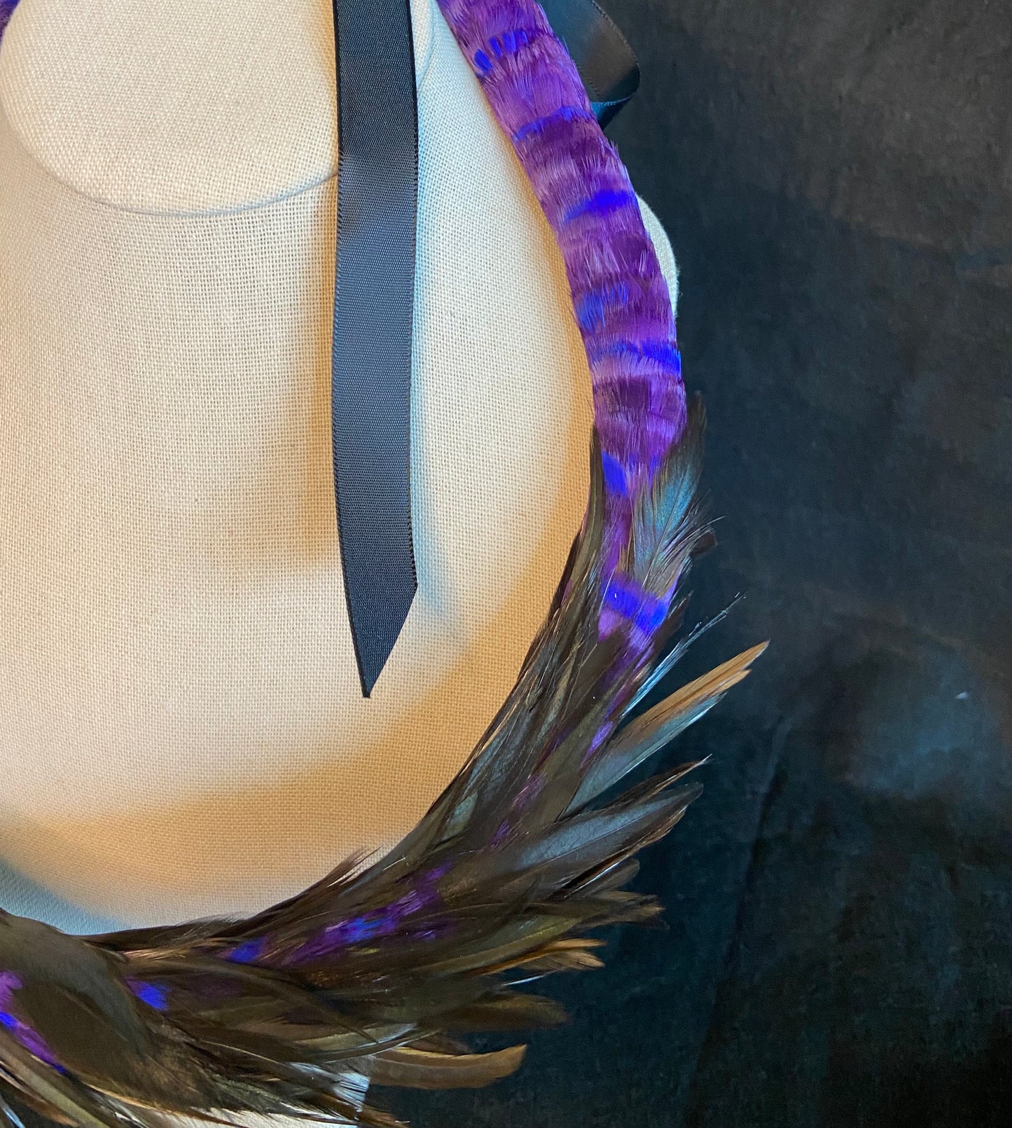 Asymmetric purple/blue lei kamoe with black rooster accents