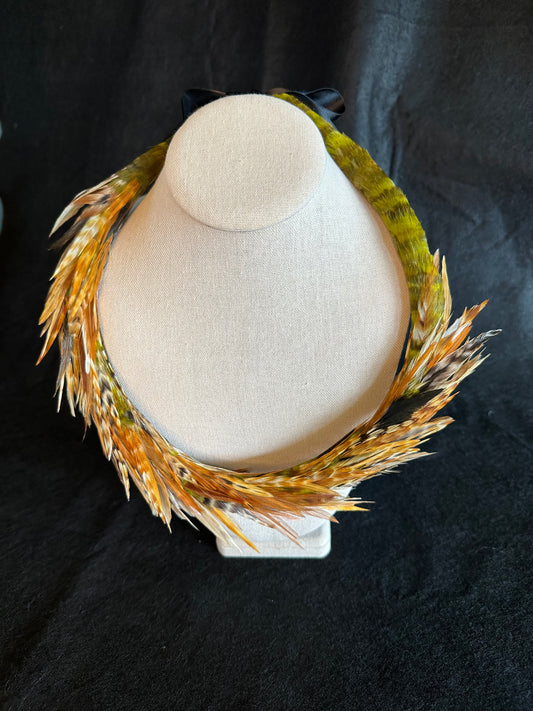 Asymmetric Olive Green and Red Chinchilla lei kamoe (feather lei)