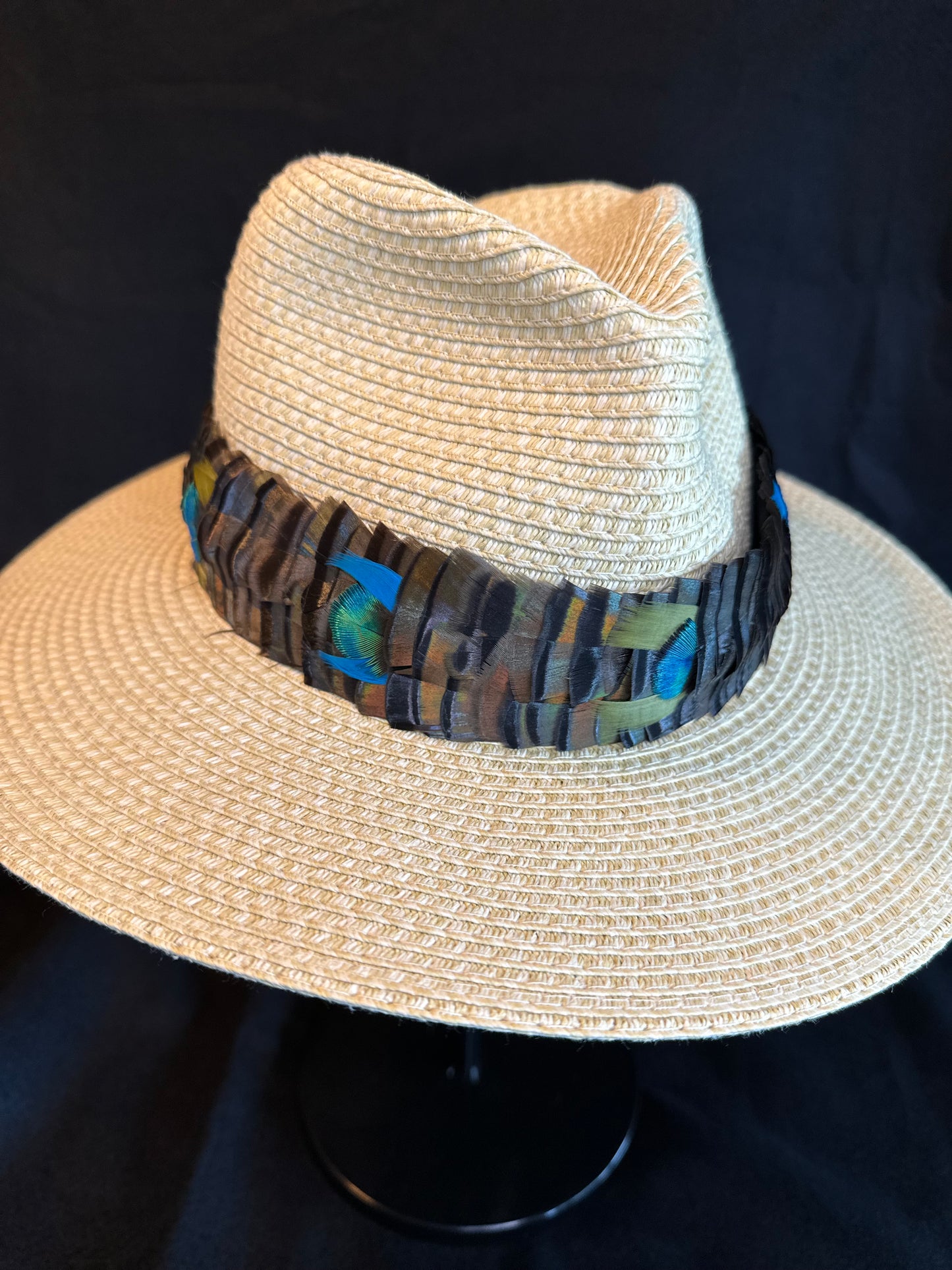 Turkey with Blue Peacock "penny" accents humu papale (feather hat band)