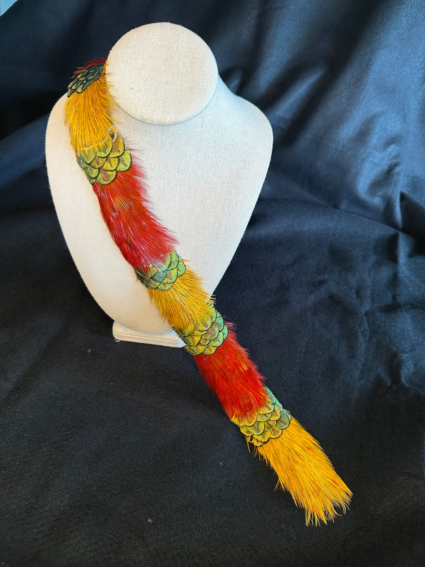Golden Pheasant w/ gold peacock accents humu papale (feather hat band)