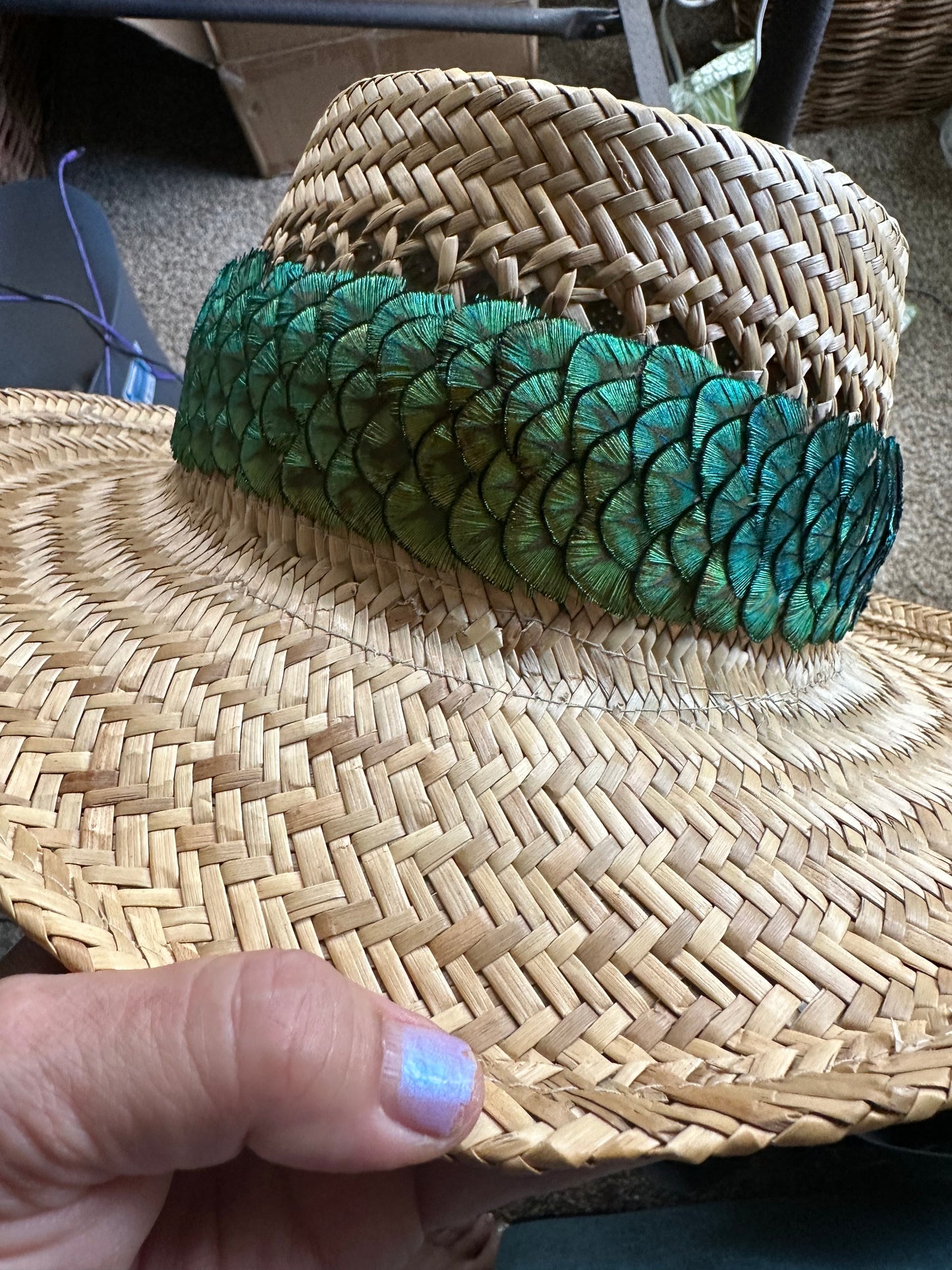 24" Gold pennies "fish scale patterned" Peacock Humu Papale (feather hat band)