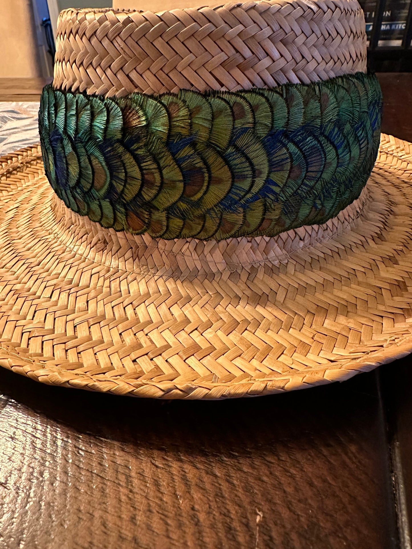 24" Peacock gold Penny w/blue peacock accent Humu Papale (feather hat band)