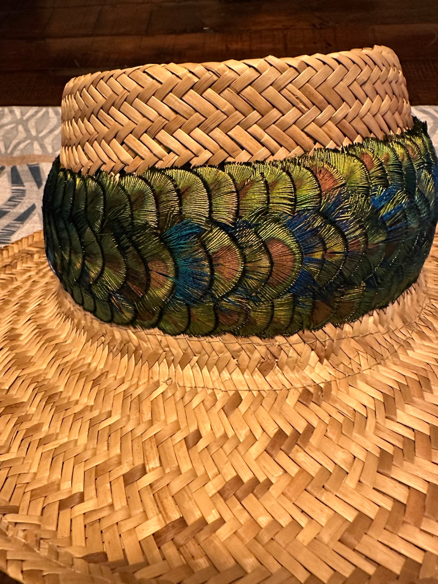 24" Peacock gold Penny w/blue peacock accent Humu Papale (feather hat band)