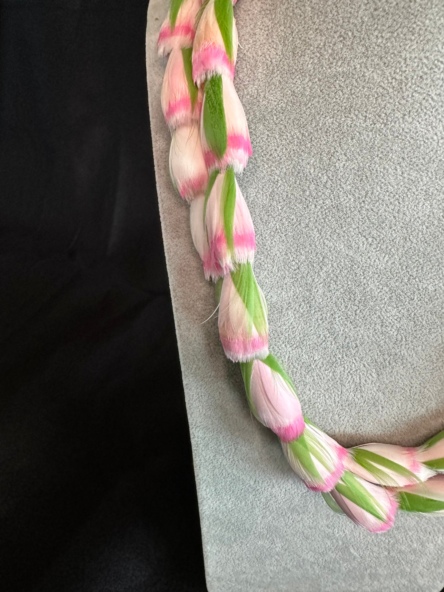 Double strand Pink Plumeria Lokelani lei hulu (rosebud feather lei)