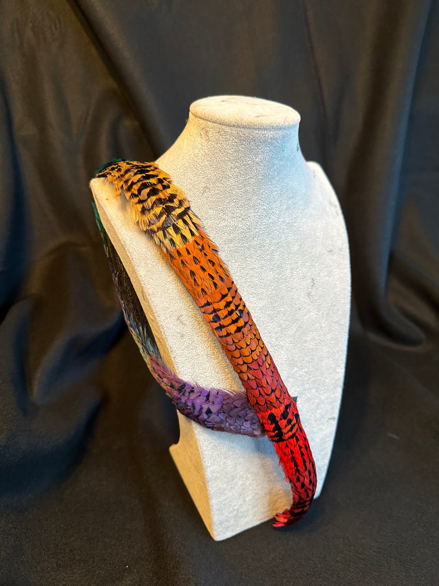 25" Rainbow dyed Ringneck Pheasant humu papale (feather hatband)