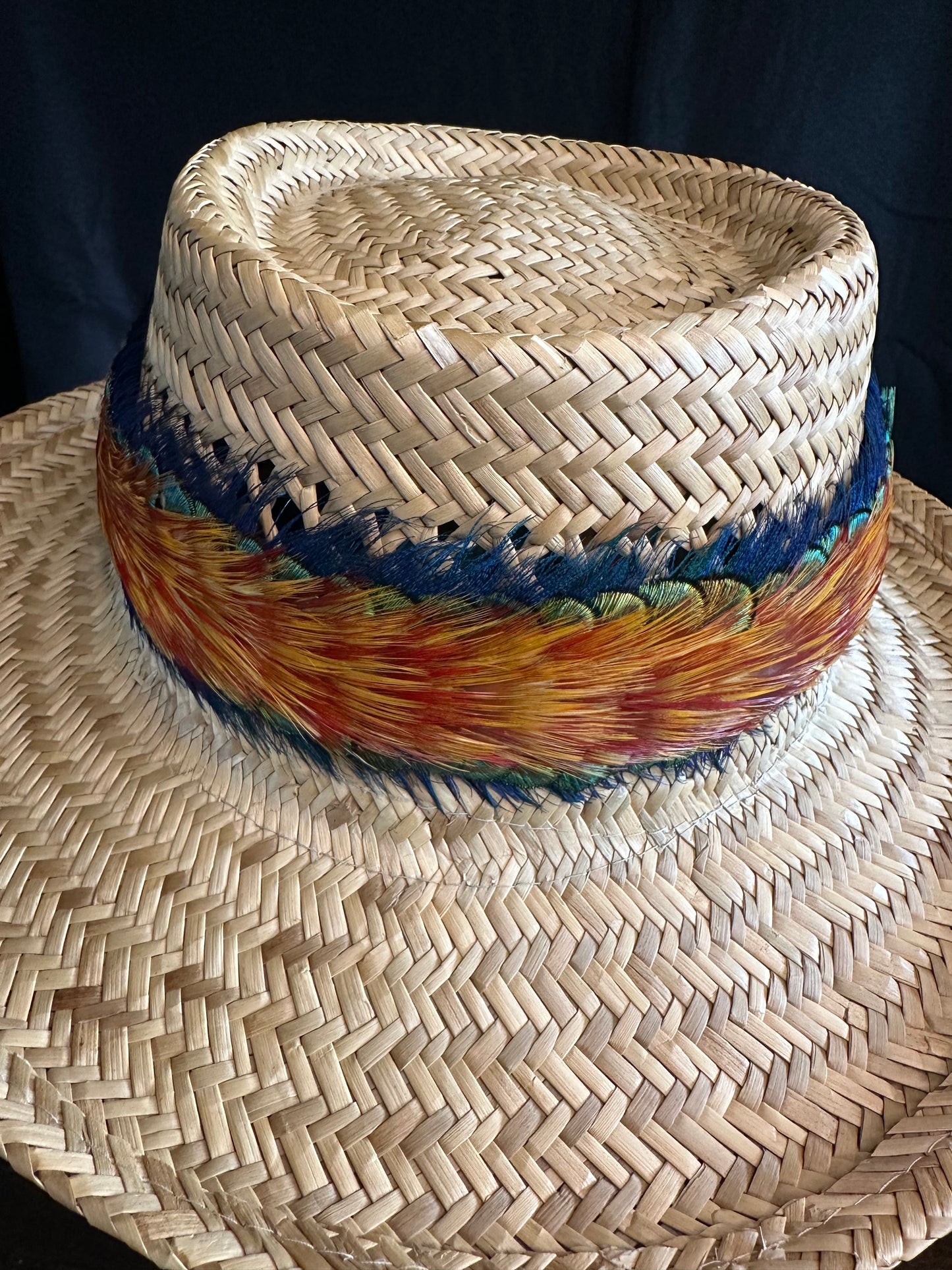 25" LEHUA - Hilo style blue/gold peacock and golden pheasant humu papa (feather hatband)