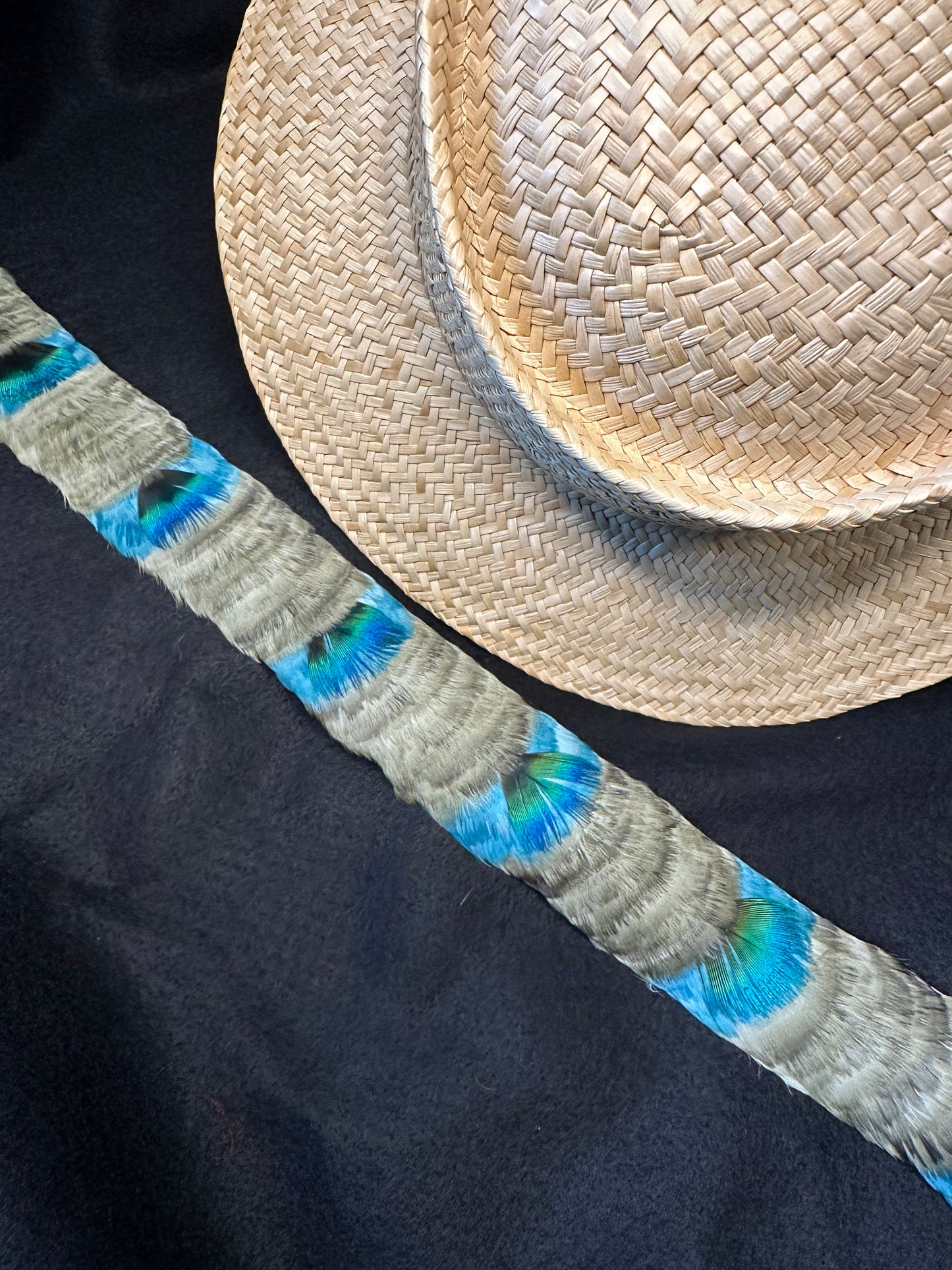 22-1/2" Lichen and teal humu papale (feather hat band) with peacock accent