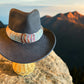 24" Custom-dyed steel blue and brown with heart accent humu papale (feather hatband)
