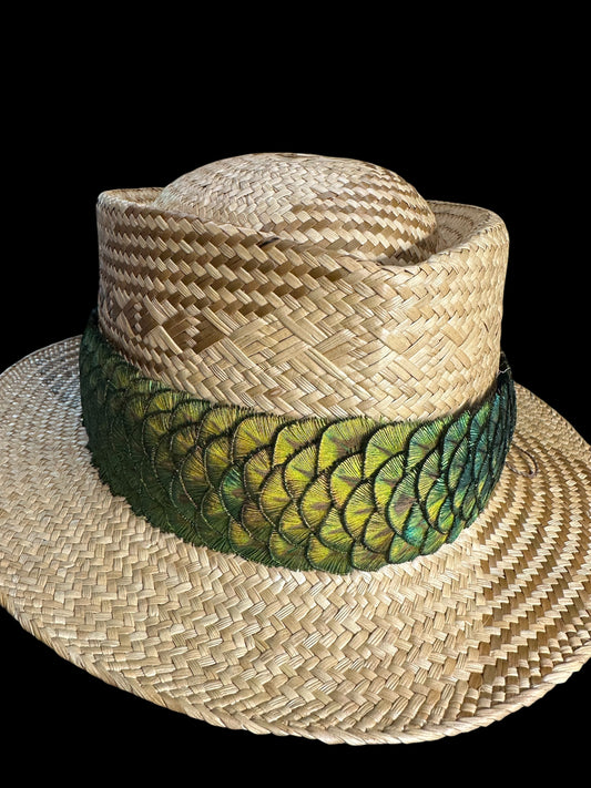 25" Gold Pennies Peacock Humu Papale (feather hat band)