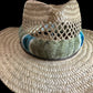 26" custom dyed goose coquille Lichen with teal/peacock accents (humu papale) feather hat band