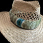 26" custom dyed goose coquille Lichen with teal/peacock accents (humu papale) feather hat band