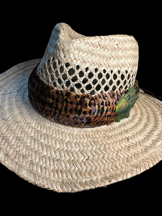 25" Ringneck Pheasant tips with Peacock eye medallion humu papale (feather hat band)