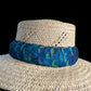 25" Blue peacock with blue/gold penny accents humu papale (feather hatband)
