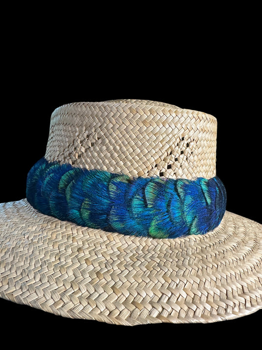 25" Blue peacock with blue/gold penny accents humu papale (feather hatband)
