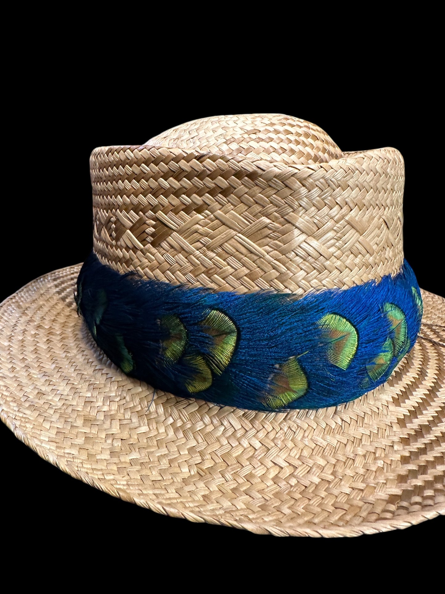 24" Peacock Blue w/gold pauku humu papale (feather hat band)