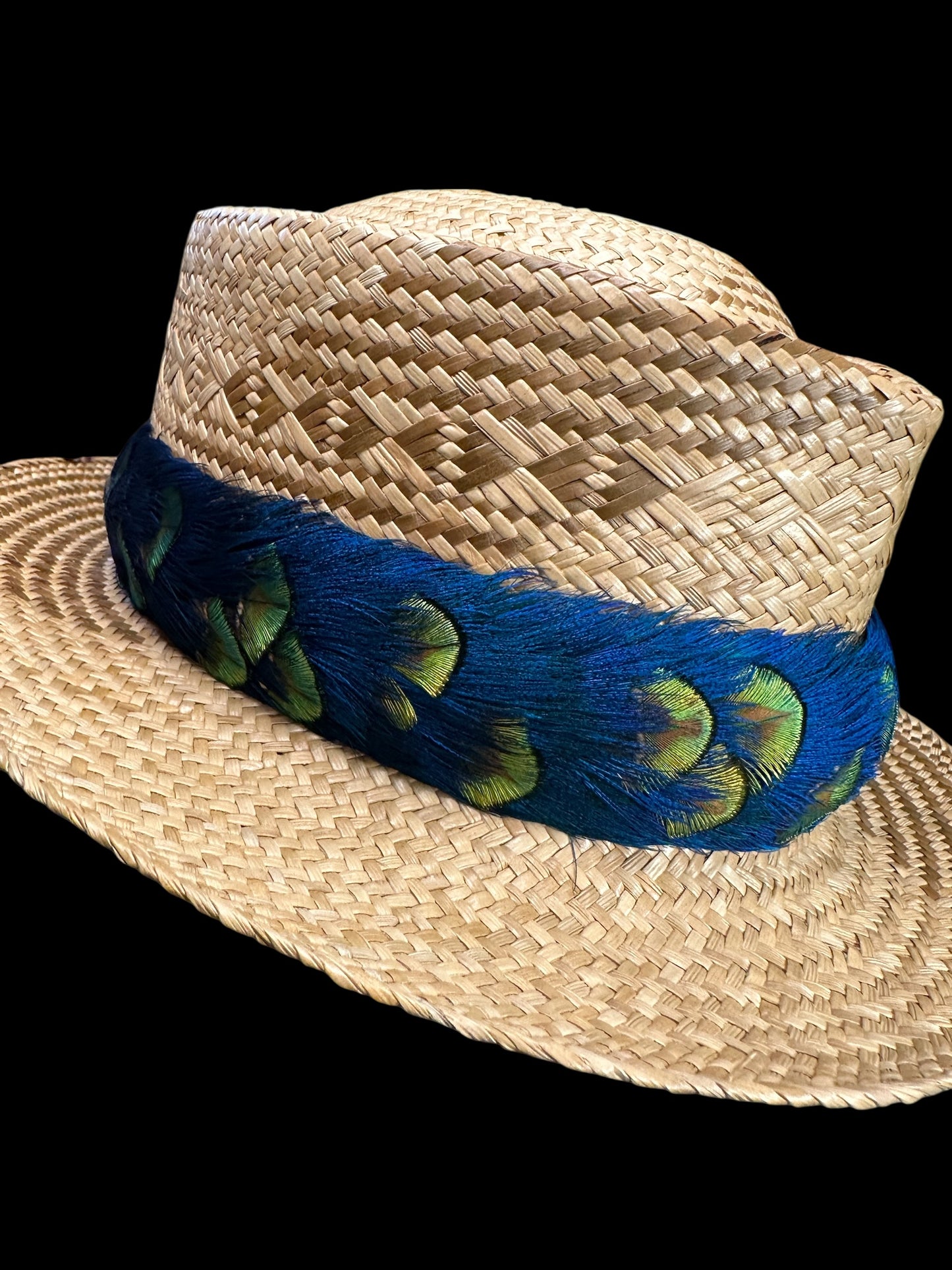 24" Peacock Blue w/gold pauku humu papale (feather hat band)