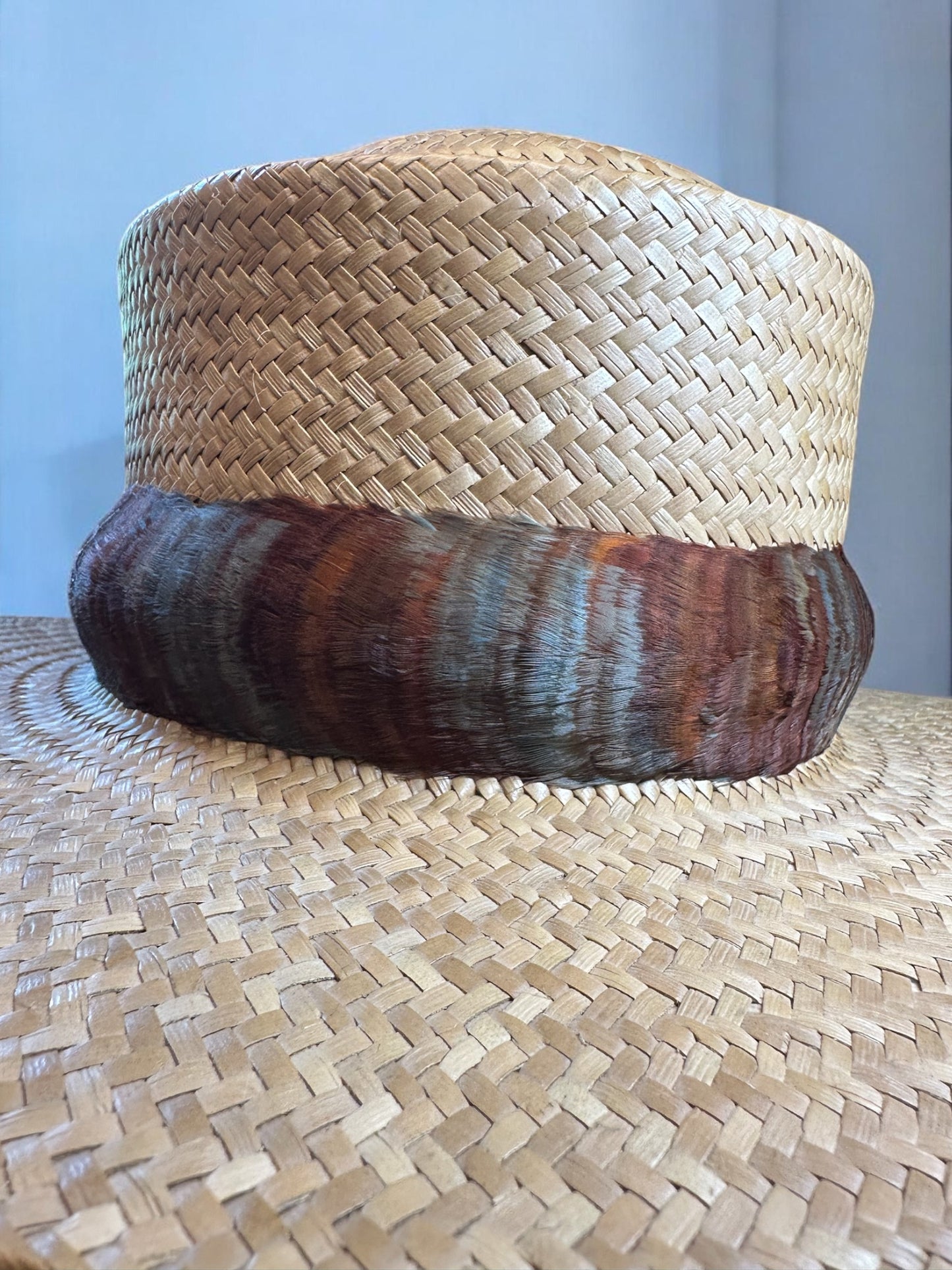 24" Brown and blue/gray goose coquille "fade" humu papale (feather hatband)