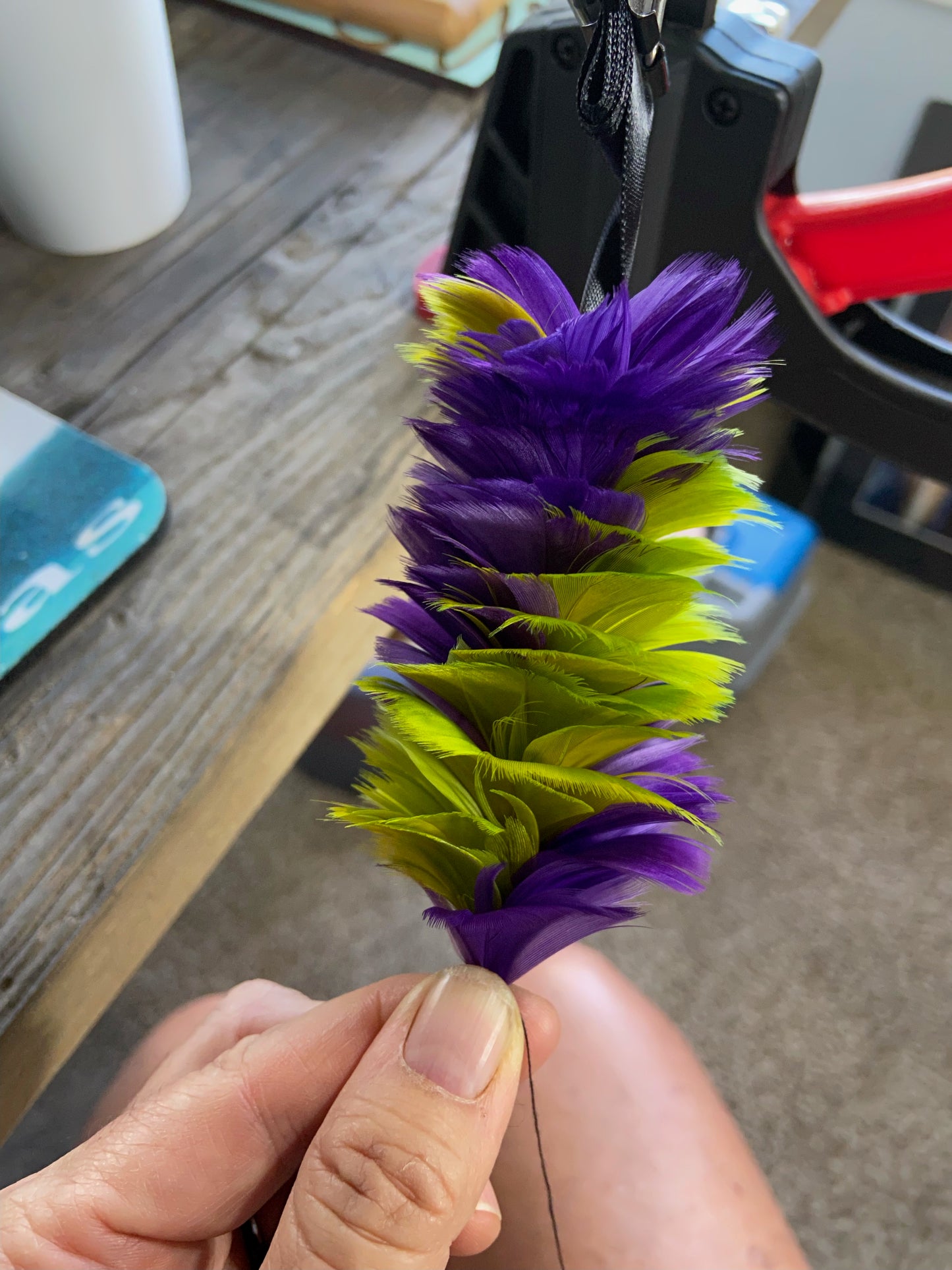 Spiral Purple and Green Lei Hulu (feather lei)