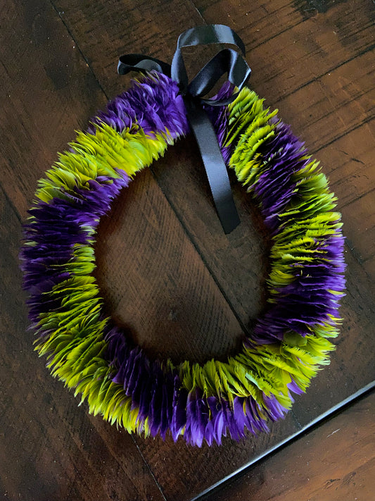 Spiral Purple and Green Lei Hulu (feather lei)