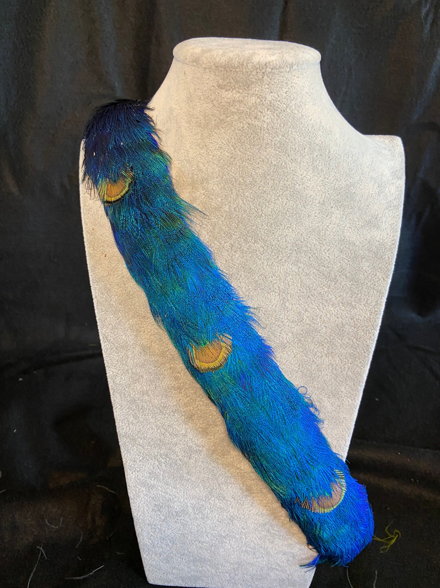 Blue Peacock Humu Papale (feather hat band) with gold peacock accents